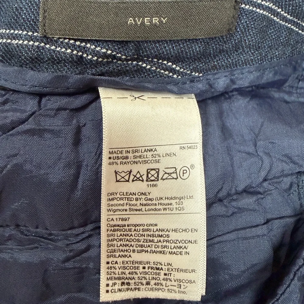 Banana Republic Avery Linen Cotton Striped Pants Navy Blue Tie Waist Crop 12 EUC